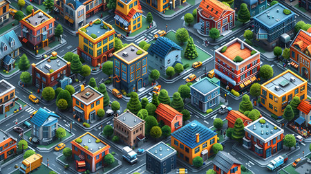 3D isometric cityscape with houses, roads and buildings.の写真素材