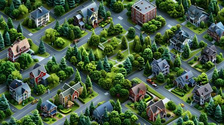 3d illustration of a city with houses, roads and trees.