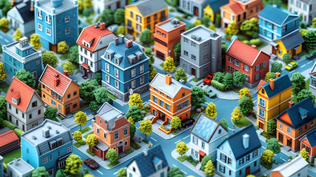 city with houses and trees, 3d illustration, horizontal, backgroundの写真素材