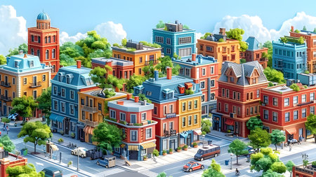 Cityscape with colorful houses and green trees. 3d illustration.の写真素材