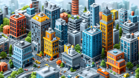 3D illustration of a modern city with skyscrapers and buildingsの写真素材