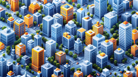Isometric city with skyscrapers and buildings. 3d rendering
