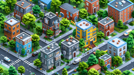isometric city background with houses, roads and trees, 3d illustrationの写真素材