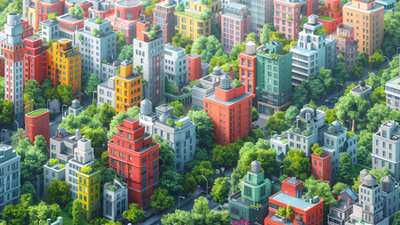Aerial view of modern city with skyscrapers and green treesの写真素材