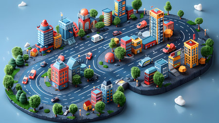 Isometric city with buildings, roads and traffic. 3d illustration