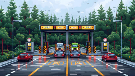 Toll station with cars on the road. Vector illustration in cartoon style