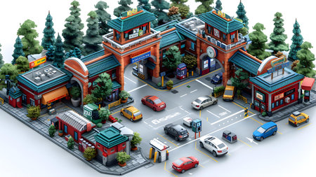 3d illustration of a building in the middle of the street with cars