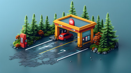 Gas station in the forest. 3d isometric vector illustration.の写真素材