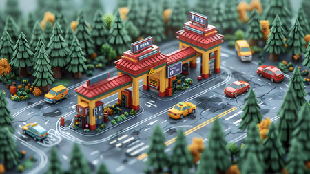 3d illustration of a miniature city with cars on the road.の写真素材