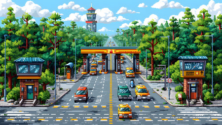 City street with gas station and cars. Vector illustration in cartoon style