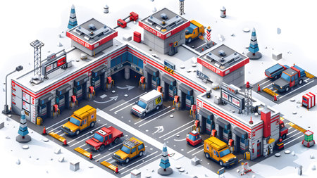 Gas station isometric composition with trucks and cars on white background vector illustrationの写真素材