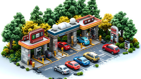 Gas station in isometric view on white background. 3d renderingの写真素材