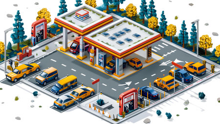 Gas station isometric composition with cars and trucks on road vector illustrationの写真素材