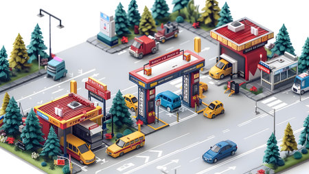 Gas station on the road with cars. 3d illustration. Isometric view.の写真素材