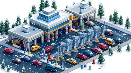 Gas station isometric composition with cars and cars on road vector illustrationの写真素材