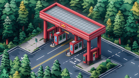 Gas station in the forest. 3d isometric vector illustration.の写真素材