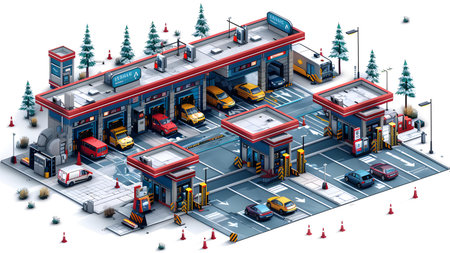Gas station isometric composition with gasoline station and cars on road vector illustrationの写真素材