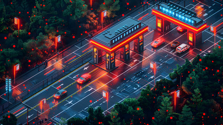 Night view of a gas station with cars on the road. 3d renderingの写真素材