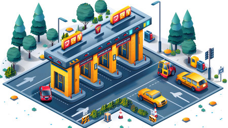 Gas station isometric composition with car and bus on road vector illustrationの写真素材