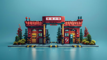 Chinese style restaurant with red door entrance, 3d rendering. Computer digital drawing.の写真素材