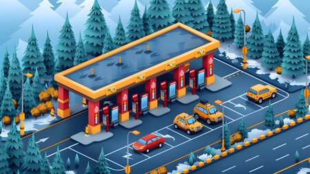Gas station in the forest. Isometric illustration of gasoline station in the forest.の写真素材