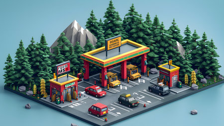 3d isometric city landscape with a gas station, a road and carsの写真素材