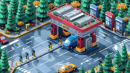 Isometric city road with cars and bus station. Vector illustration.