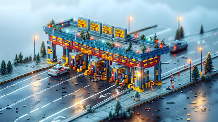 Miniature city with gas station in the fog. 3d rendering