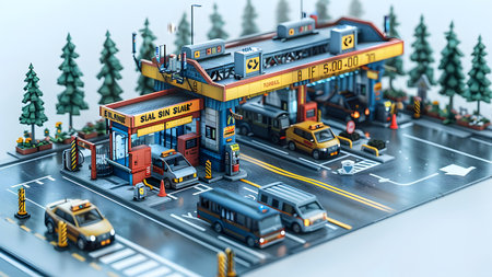 Miniature gas station on the road. 3D illustration. Technology background.の写真素材