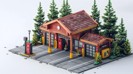 Gas station in the forest. 3d illustration. Isometric view.の写真素材