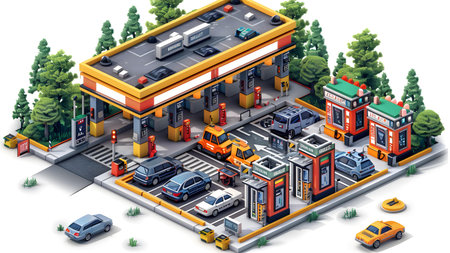 Gas station isometric composition with cars and trucks on road vector illustrationの写真素材