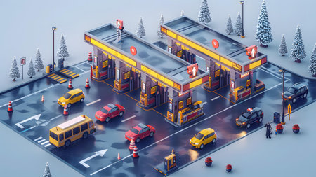 Gas station with cars on the road in winter. 3d illustration