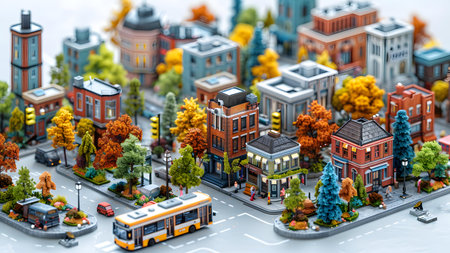 Miniature city with bus on the background. 3d illustration.の写真素材