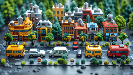 3D illustration of a miniature city with cars, buses and housesの写真素材