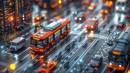 Tram on the city street. 3d illustration. Concept of urban transport.の写真素材