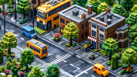 Miniature city with school bus. 3d illustration. City background.