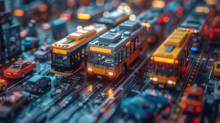 A closeup shot of a toy bus on a microcircuit