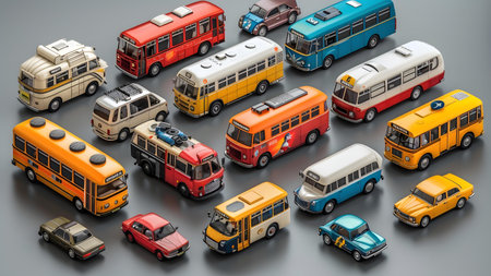 A large group of retro buses on a gray background. 3d renderingの写真素材