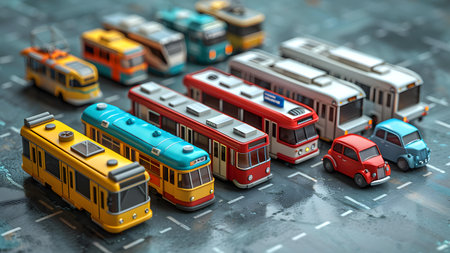 3d illustration of a miniature city with cars, trains and busesの写真素材