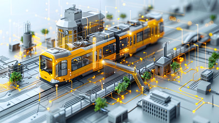 3d illustration of yellow electric train on the background of the cityの写真素材