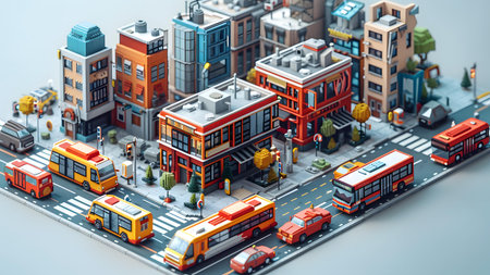 3d illustration. Cityscape with modern buildings and bus on the road.の写真素材