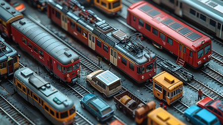 3d illustration of a railway station with trains on the tracks.の写真素材