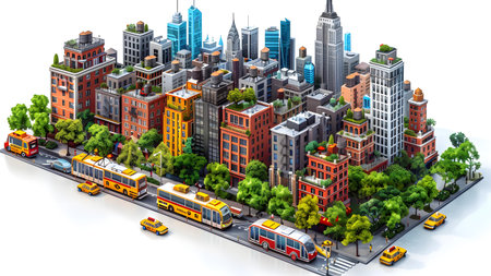 Modern city with skyscrapers and buses on white background. 3d rendering