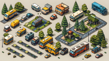 Set of isometric city transport. Cars, trucks, buses, houses, trees and other vehicles on the road.