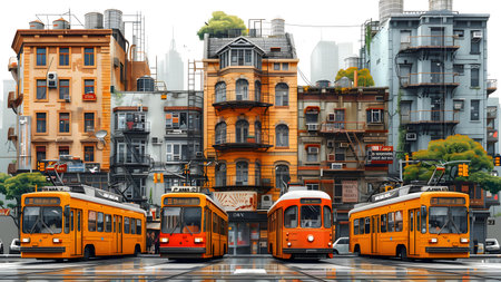 Vintage tram in the city. 3D illustration. High quality photoの写真素材