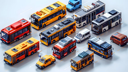 City transport isometric background with bus, bus, trolleybus, bus, bus, tram, bus. 3D renderingの写真素材