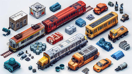 3d isometric illustration of trains and locomotives on white backgroundの写真素材