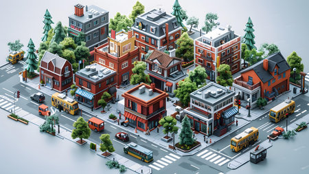 Isometric urban landscape with houses, roads and buildings. 3d renderingの写真素材