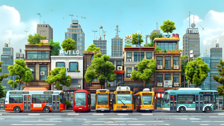 Cityscape with high-rise buildings and buses. Vector illustration.の写真素材