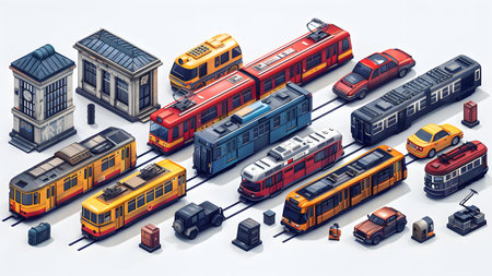 Isometric urban transportation set with train, bus, tram, bus, train, metro and city buildings on white backgroundの写真素材